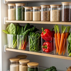 Organized refrigerator shelf with fresh vegetables and organic grains stored in glass jars. Colorful red bell peppers, carrots, spinach,