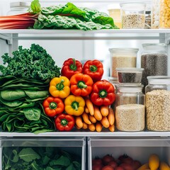 Fresh vegetables and organic grains neatly stored in a refrigerator. Colorful bell peppers, carrots, leafy greens, spinach, kale, and glass
