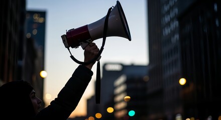 silhouette of a person holding a red and white megaphone high in the air during a protest at dusk in the city