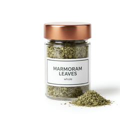 A glass jar of mermoram leaves on white background