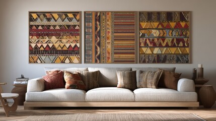 Modern living room with ethnic pattern wall art and cozy sofa for interior design inspiration