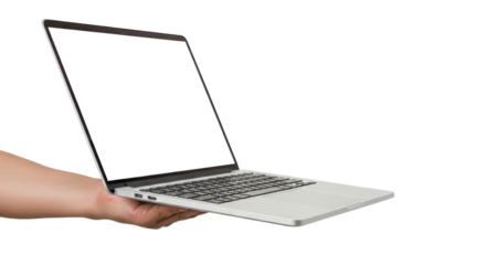Isolated view of a laptop computer held by a human hand for mockup screen replacement