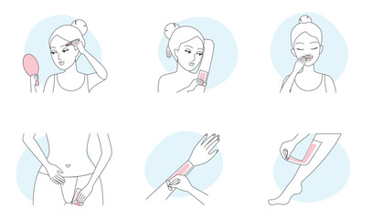 Hair removal methods of epilation with wax strips set vector illustration. Cartoon female models holding depilation tool to remove hair in different parts of body and face, infographic collection