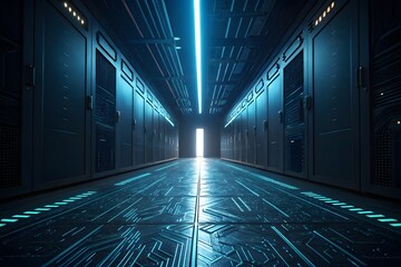 Futuristic server room with glowing blue lights data center