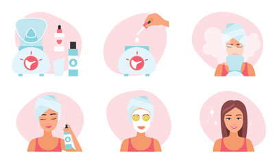 Face spa set vector illustration. Cartoon facial treatment for girls in headband infographic collection with aroma diffuser machine and oil for diffusion aromatherapy, skincare products and tools