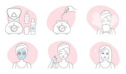 Face spa infographic line icons set vector illustration. Hand drawn outline girls using aroma diffuser with water stream and healthy oil, healthy clay mask to care, clean and moisture facial skin
