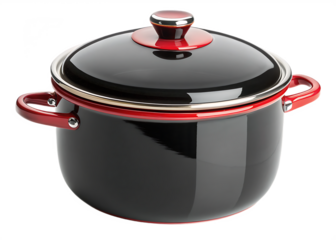 Classic black enamel stock pot with red accents isolated on transparent background