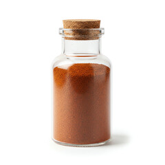 A glass jar of red powder chillies on white background