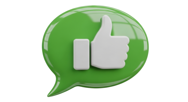 Isolated graphic rendering of a green speech bubble with a thumbs-up icon inside. Approval