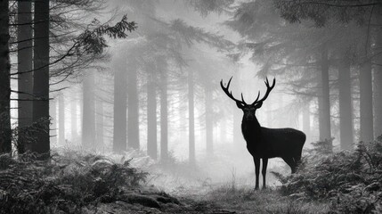 Majestic stag with powerful antlers standing in a dense, atmospheric foggy forest, captured in a dramatic black and white landscape.