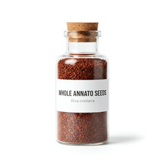 A glass jar of whole annato seeds on white background