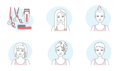 Haircuts of woman set vector illustration. Thin line style portrait of cute girls with different hairstyles, happy female character with fashion short and long hair, salon scissors, comb and clipper