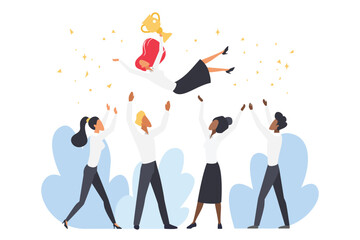 Employees toss winner with prize in air vector illustration. Cartoon happy business people celebrate success, office characters throw up best colleague or leader holding golden cup among confetti