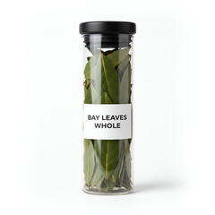 A glass jar of bay leaves on white background
