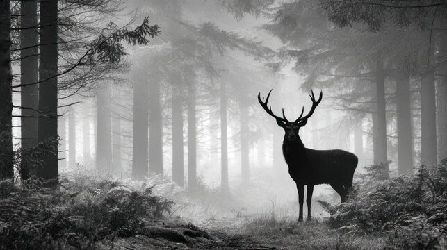 Majestic stag with powerful antlers standing in a dense, atmospheric foggy forest, captured in a dramatic black and white landscape. - Powered by Adobe