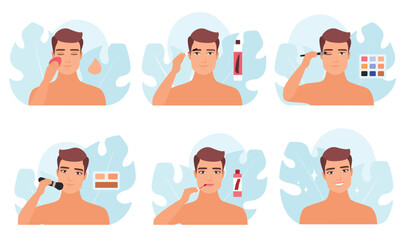 Makeup for man set vector illustration. Cartoon portrait of handsome male characters holding makeup sponge and brushes, making professional makeover with facial cosmetic products, beauty care