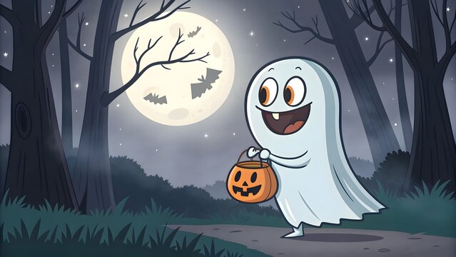 Whimsical cartoon ghost with a happy expression holding a jack o lantern candy bucket in a spooky forest at night under a full moon