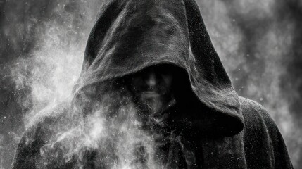 Mysterious dark hooded figure shrouded in swirling smoke and dust. Dramatic black and white portrait of an enigmatic silhouette.