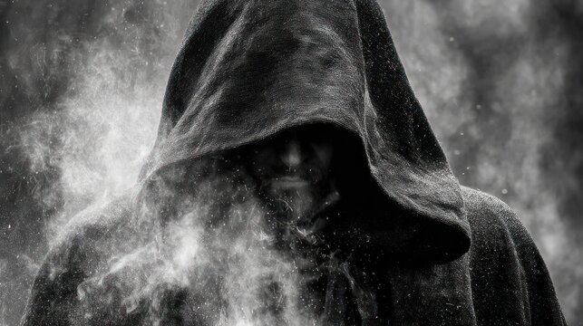 Mysterious dark hooded figure shrouded in swirling smoke and dust. Dramatic black and white portrait of an enigmatic silhouette.