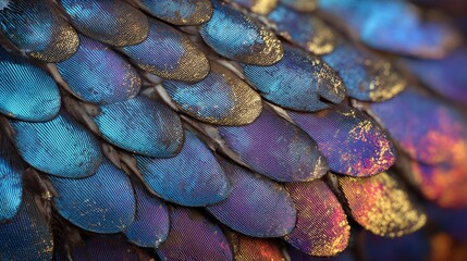 Iridescent blue and gold bird feathers in macro closeup