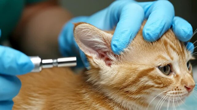Veterinarian meticulously examines the ear of a small ginger kitten using a specialized otoscope in a clinic, ensuring thorough pet healthcare and demonstrating professional veterinary expertise