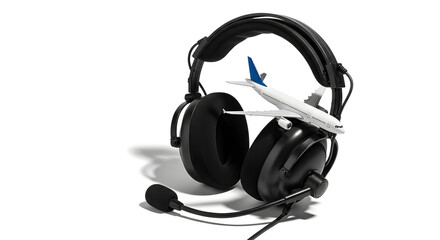 Headphones with an airplane model, symbolizing the aviation and travel industry