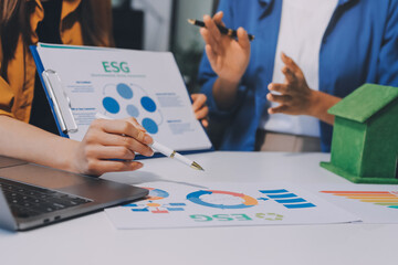 Businessman talks ESG environmental social governance policy for modish business.