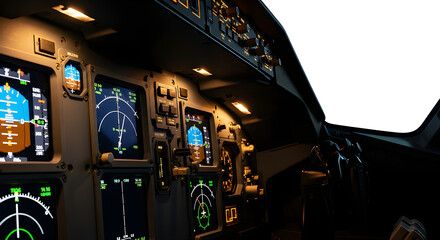 Fototapeta premium A cockpit interior showing the instrument panel and various displays