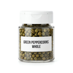 A glass jar of green peppercorns whole on white background