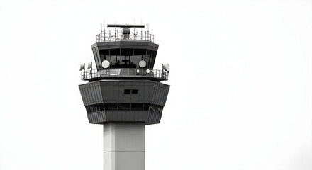 An eye-level shot of a monochrome air traffic control tower, standing tall against a backdrop of clouds