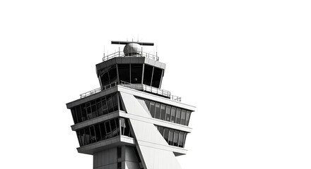 A monochrome, architectural image of an airport control tower, captured from a low angle, with a clear sky backdrop. The tower features multiple windows and a unique design. 