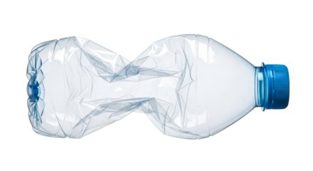 Crushed Clear Plastic Water Bottle with Blue Cap Keywords: crushed bottle, plastic bottle, water