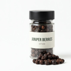 A glass jar of juniper berries on white background