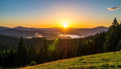 Golden Sunrise Over Hilly Landscape with Evergreen Trees in Foreground and Layered Mountains Background Lit by Warm Sunlight