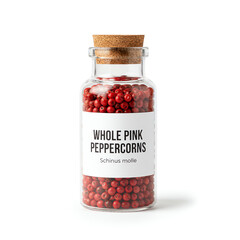 A glass jar of whole pink peppercorns  on white background