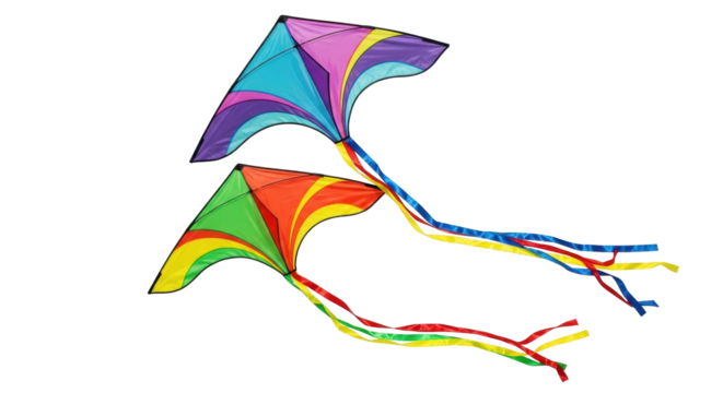 Isolated Delta kites floating together, bright colors create whimsical, uplifting image