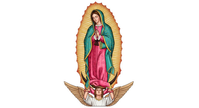 Isolated Virgin Mary, Angel Wings and Halo against radiant background, holy symbol icon