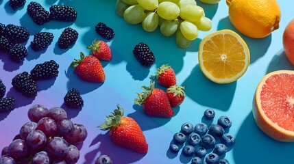 Assortment of fresh, colorful fruits including strawberries, grapes, blueberries, blackberries, grapefruit, and lemon, arranged on a vibrant gradient blue background, creating a visually appealing...