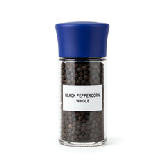 A glass jar of black peppercorn whole on white background