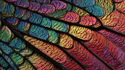 Macro closeup of iridescent insect wing with rainbow colors