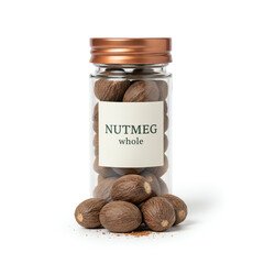 A glass jar of nutmeg on white background