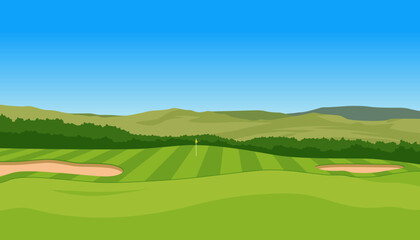 Green golf field with blue sky vector background