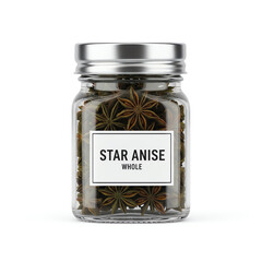 A glass jar of star anise on white background