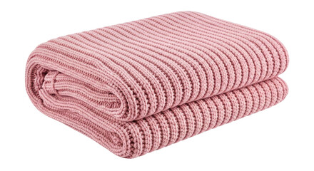 Isolated pink ribbed knitted blanket, cozy home bedding. Warm and soft handmade texture.