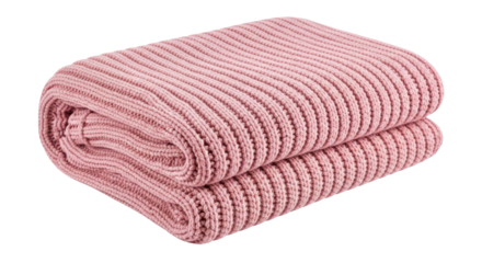 Isolated pink ribbed knitted blanket, cozy home bedding. Warm and soft handmade texture.
