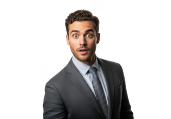 Surprised businessman in suit with shocked expression stock photo image for presentations and designs, isolated on transparent background