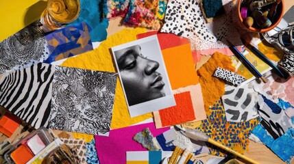 Creative art collage with portrait and colorful textures for design inspiration