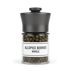 A glass jar of allspice berries whole on white background