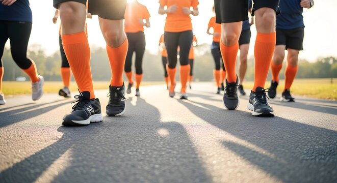 Community Charity 5K Run Walk with Orange Socks, Low Angle Motion on Asphalt Path, Sun Flare




