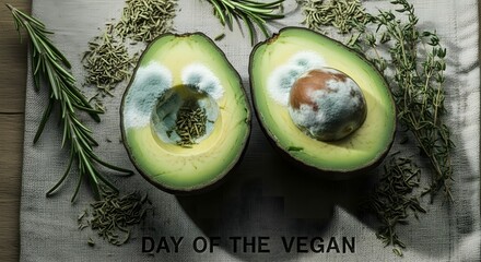 Moldy avocado with herbs on linen cloth, text "Day of the Vegan", symbolic food waste awareness concept